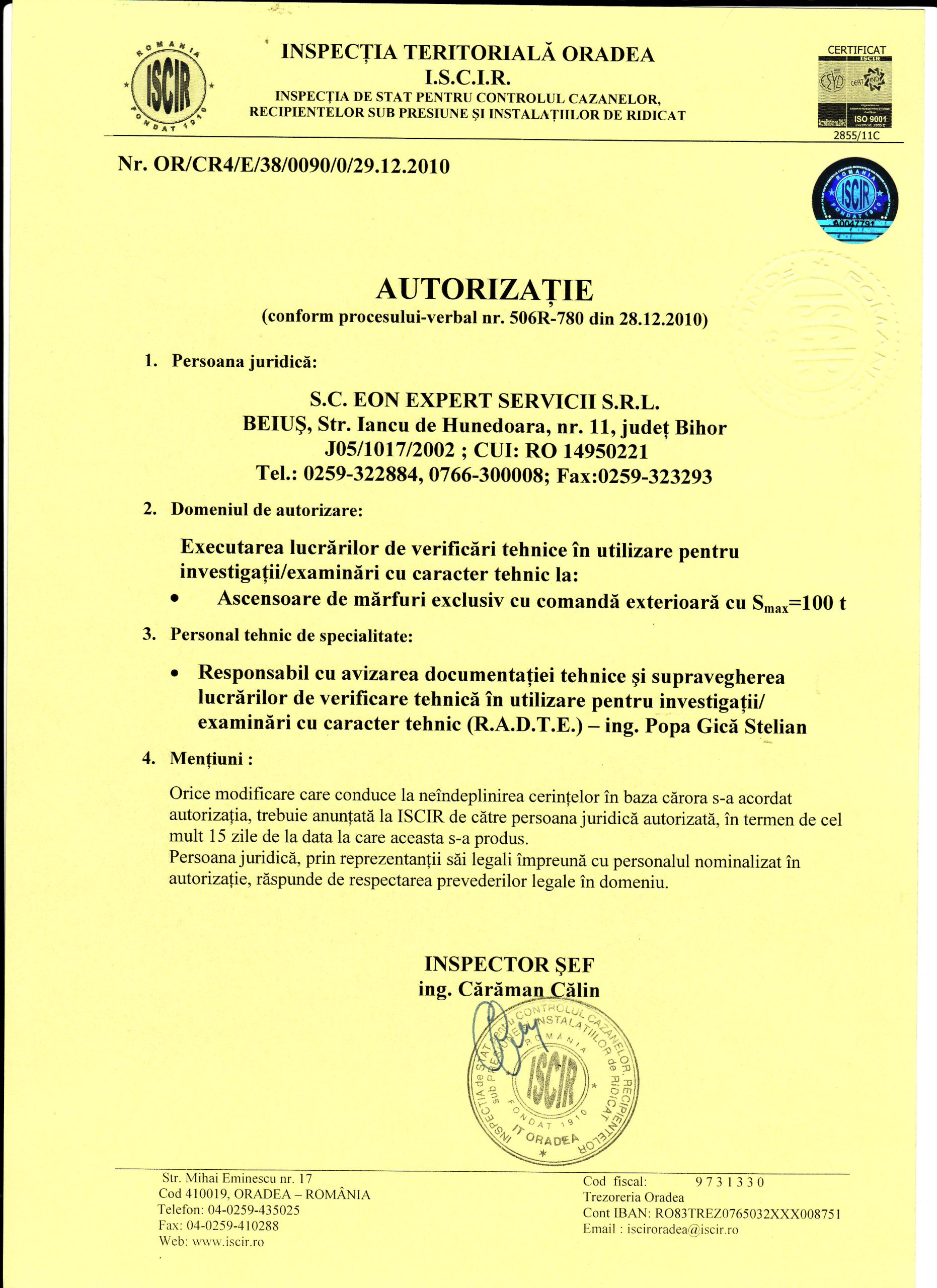 Autorizație Expertiză — Ascensoare cu Comandă Exterioară
