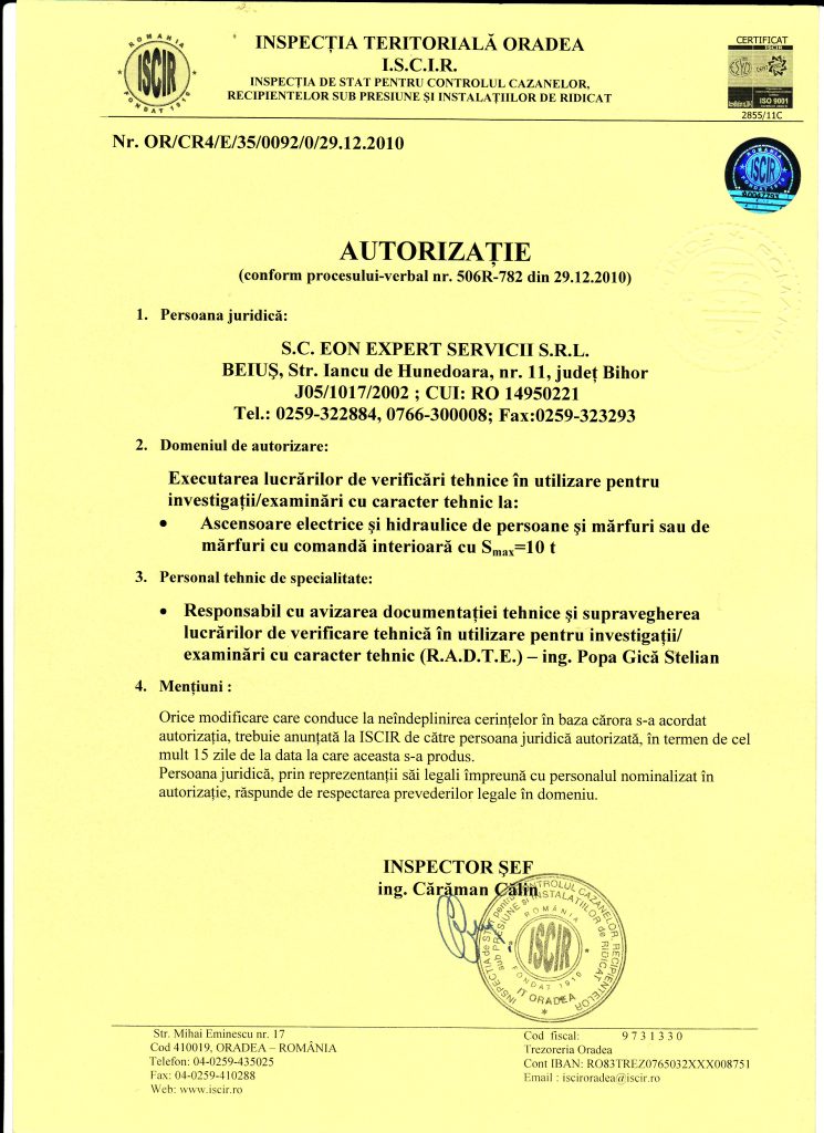 Autorizație Expertiză — Ascensoare Electrice Certificare EON GRUP — Autorizație Expertiză — Ascensoare Electrice