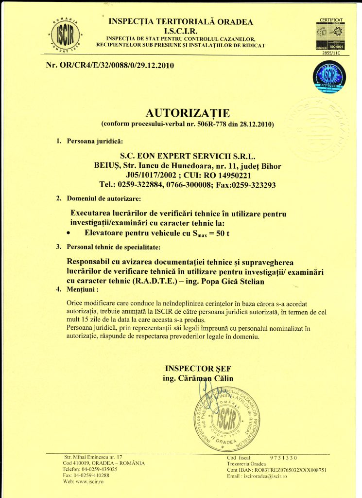 Autorizație Expertiză — Elevatoare Certificare EON GRUP — Autorizație Expertiză — Elevatoare