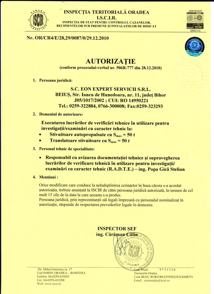 Autorizație Expertiză — Stivuitoare Certificare EON GRUP — Autorizație Expertiză — Stivuitoare