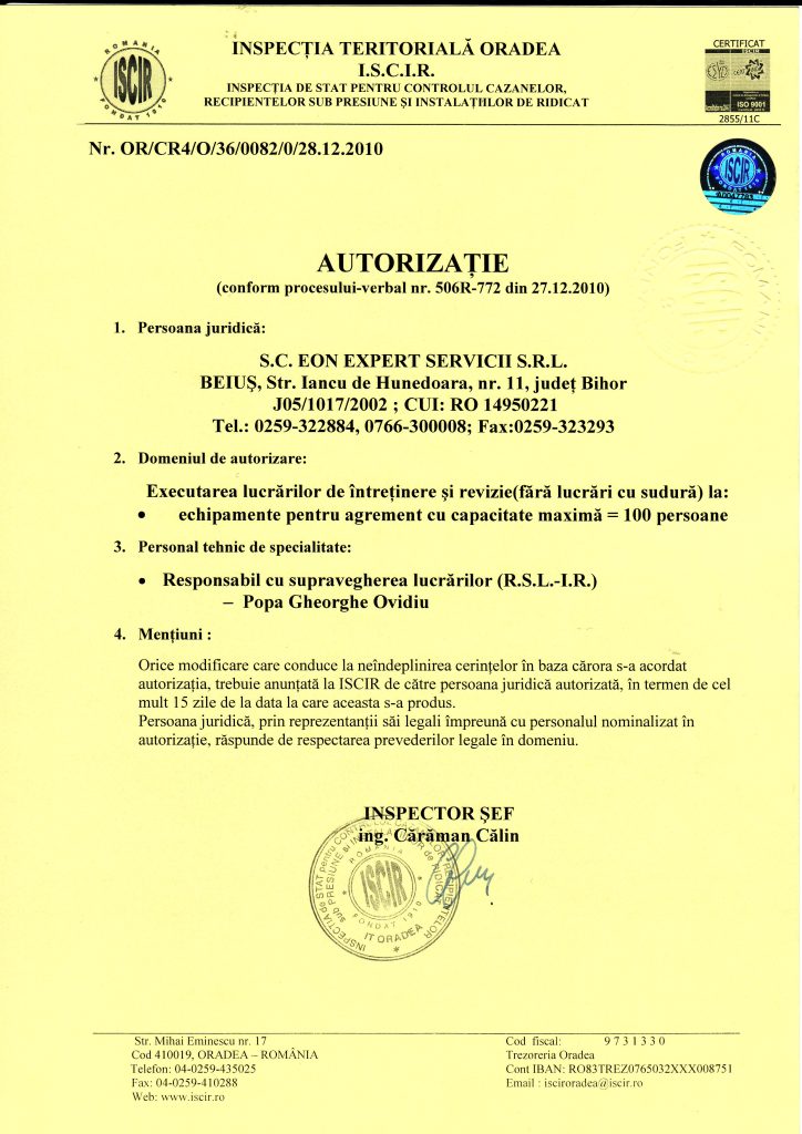 Autorizație IR — Echipamente pentru Agrement Certificare EON GRUP — Autorizație IR — Echipamente pentru Agrement