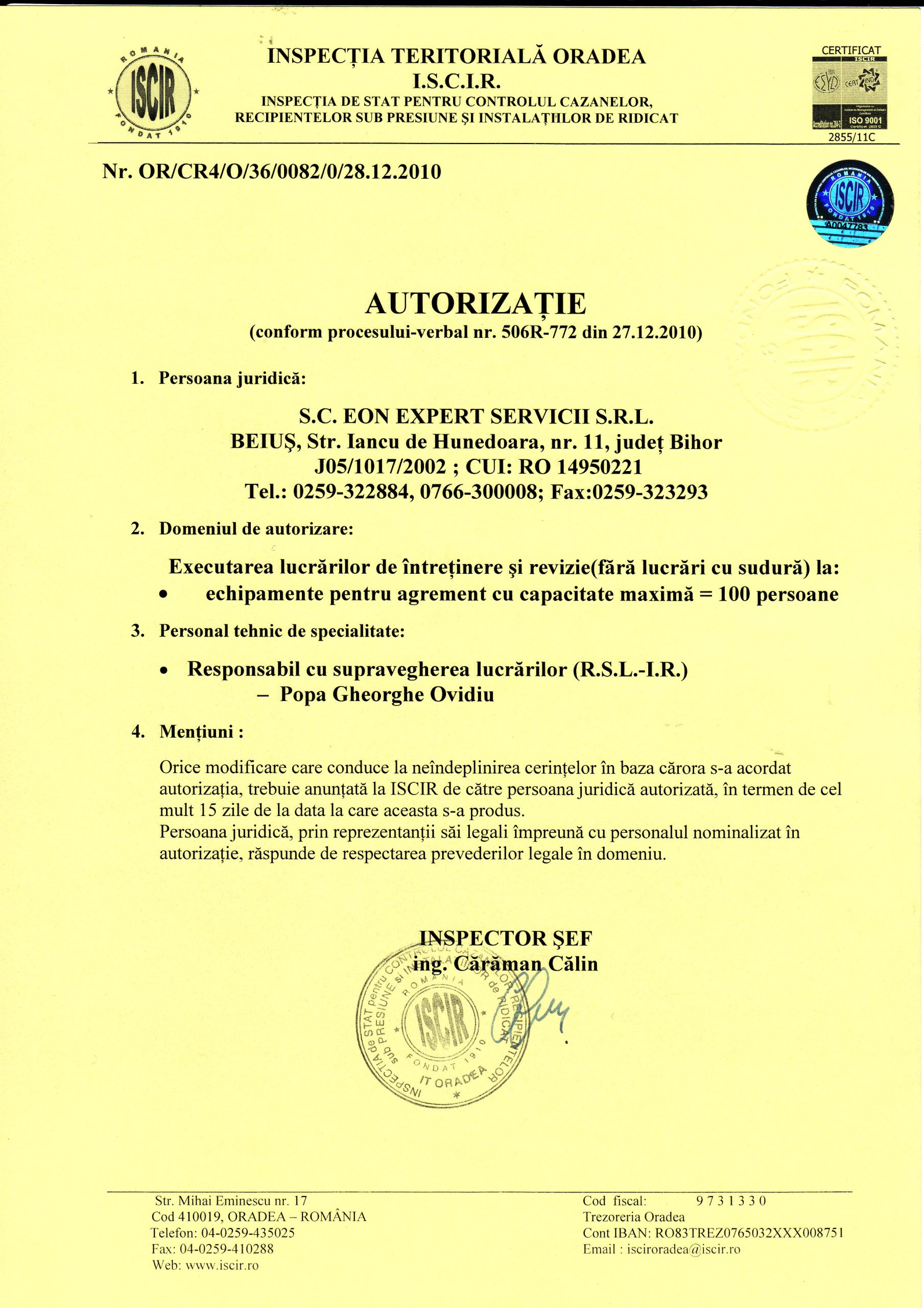 Autorizație IR — Echipamente pentru Agrement