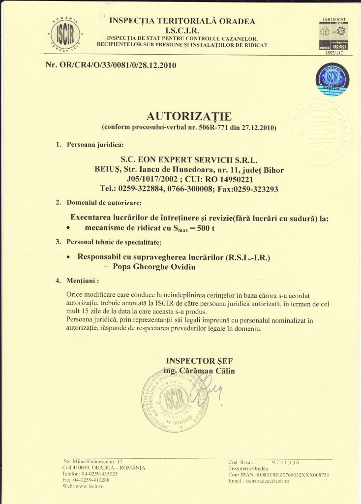 Autorizație IR — Mecanisme de Ridicat Certificare EON GRUP — Autorizație IR — Mecanisme de Ridicat