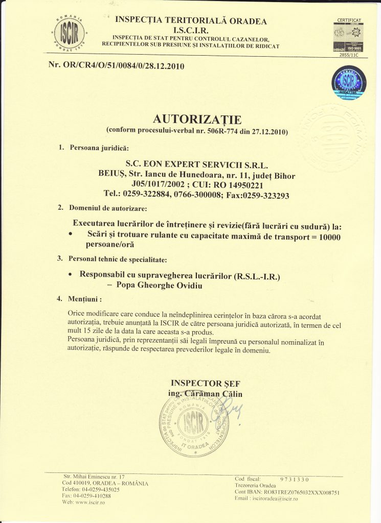 Autorizație IR — Scări și Trotuare Rulante Certificare EON GRUP — Autorizație IR — Scări și Trotuare Rulante